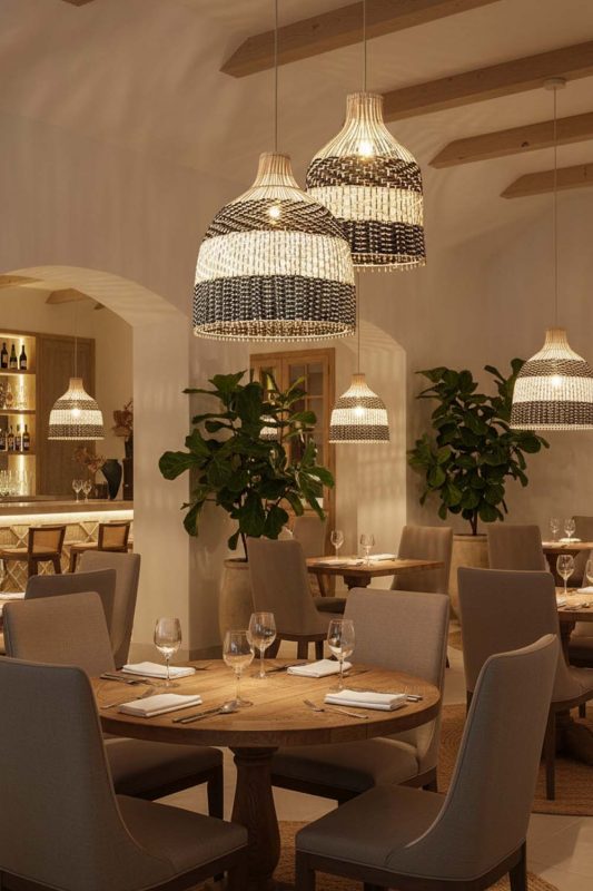 Restaurant Black White Dome Rattan Pendant - Memorable Ambience