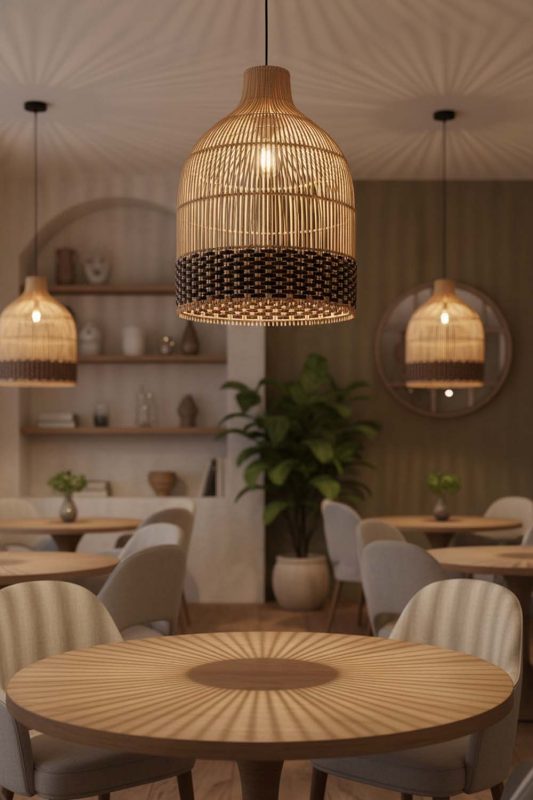 Restaurant Bottom Dark Brown Wicker Bell Pendant Light - Upscale & Stylish