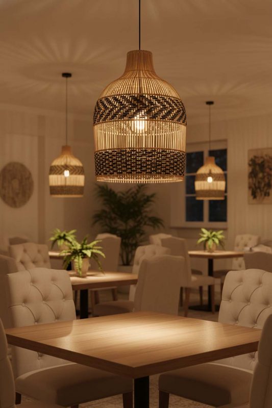 Restaurant Double Band Wicker Bell Pendant Light - Cozy Fine Dining