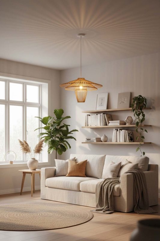 Scandinavian Beige Bamboo Starburst Pendant Light - Clean & Minimal