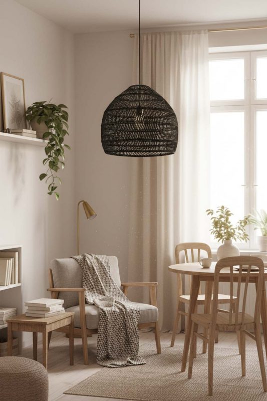 Small Space Black Rattan Cage Pendant Light - Space-saving & Smart