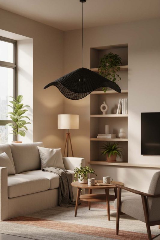 Small Space Black Rattan Wave Pendant Light - Small But Mighty