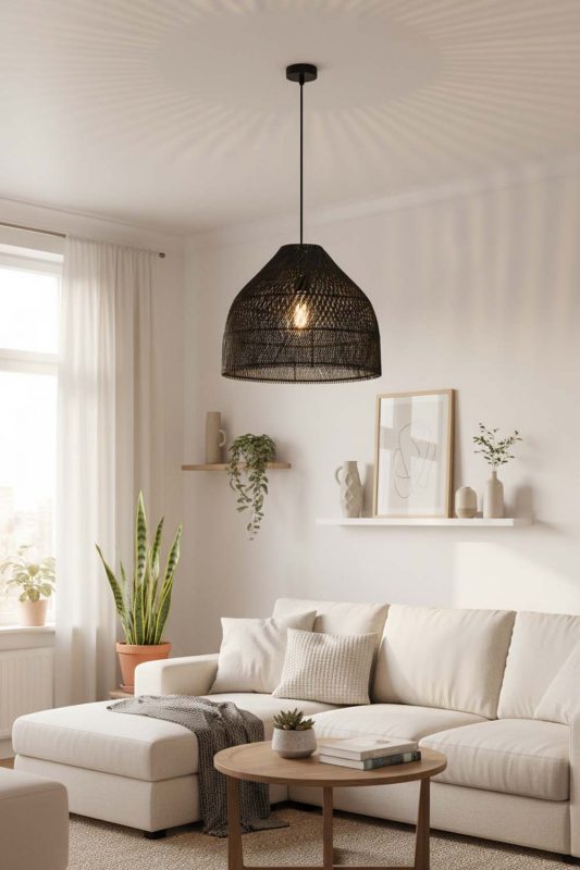 Small Space Black Rattan Wide Dome Fixture - Compact But Stylish