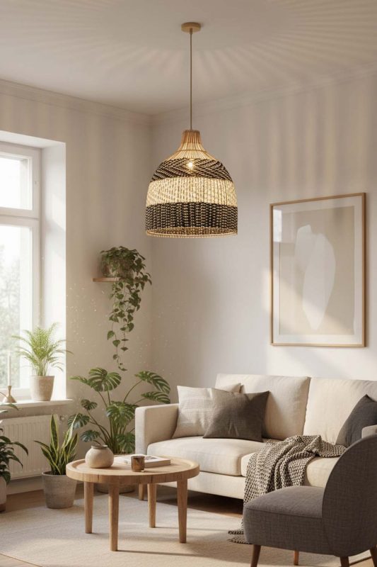 Small Space Black White Dome Rattan Pendant - Minimal & Efficient