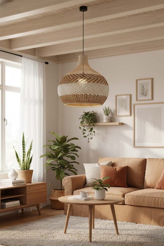 Small Space Light Brown White Rattan Pendant Light - Compact But Stylish