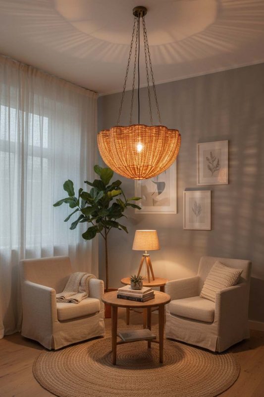 Small Space Scalloped Rattan Pendant Light - Space-saving & Smart
