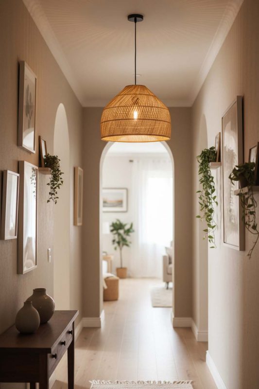 Hallway Beige Rattan Wide Dome Fixture - Bright & Seamless