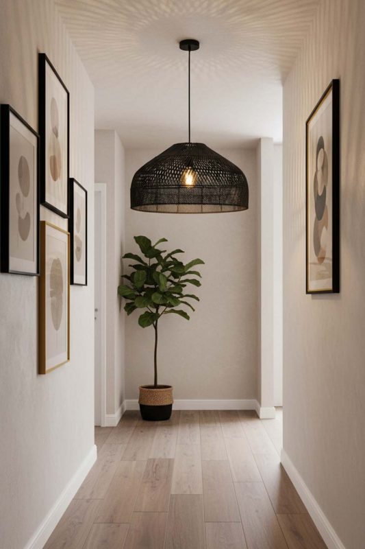 Hallway Black Rattan Wide Dome Pendant Light - Elegant Flow