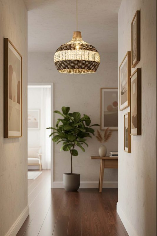 Hallway Black White Round Rattan Pendant - Bright & Seamless