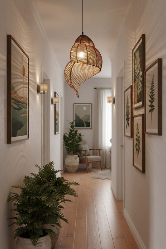 Hallway Brown Rattan Spiral Pendant Light - Bright & Seamless