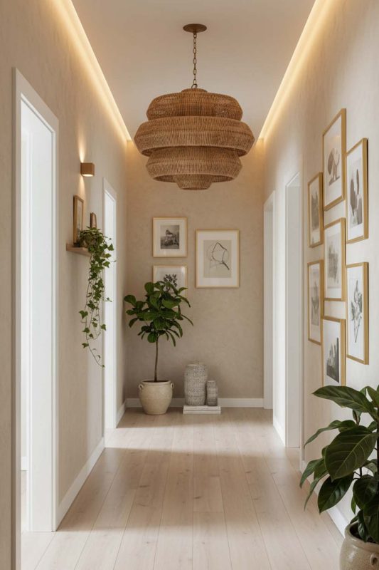 Hallway Brown Tiered Rattan Chandelier - Bright & Seamless