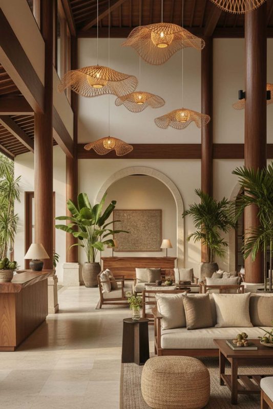 Hotel & Resort Beige Lotus Bamboo Pendant Light - Elegant & Premium