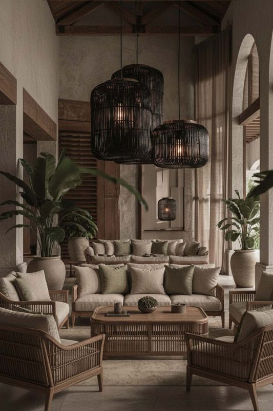Hotel & Resort Black Rattan Capsule Pendant Light - High-end Experience