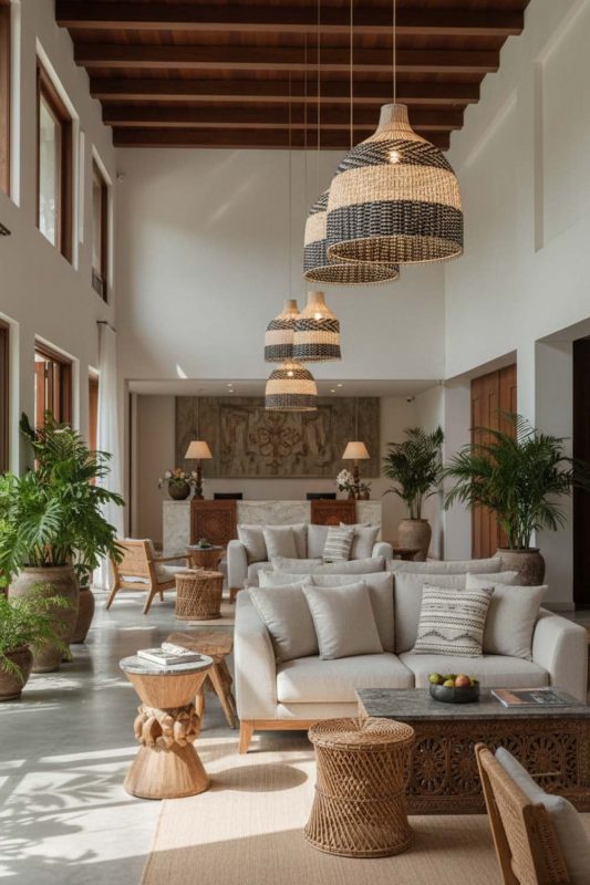 Hotel & Resort Black White Dome Rattan Pendant - High-end Experience