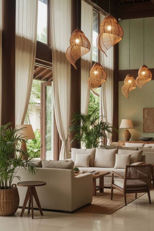 Hotel & Resort Brown Rattan Spiral Pendant Light - High-end Experience