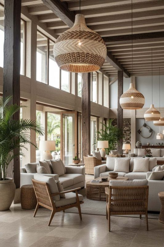 Hotel & Resort Light Brown White Rattan Pendant Light - Elegant & Premium