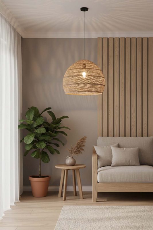 Japandi Beige Rattan Cage Pendant Light - Quiet Luxury