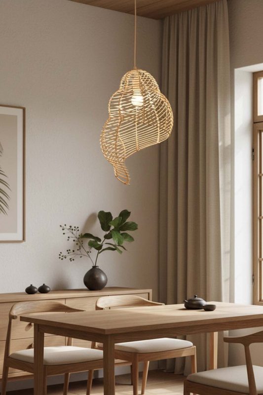 Japandi Beige Rattan Spiral Pendant Light - Minimal & Calm