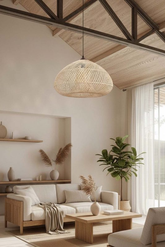 Japandi Beige Wood Rattan Pendant Light B - Simple & Elegant