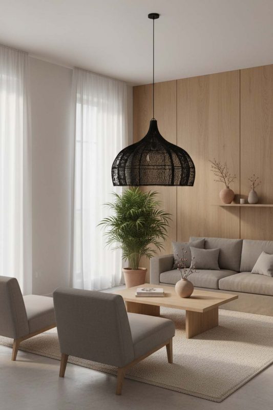 Japandi Black Bloom Rattan Pendant Light - Simple & Elegant