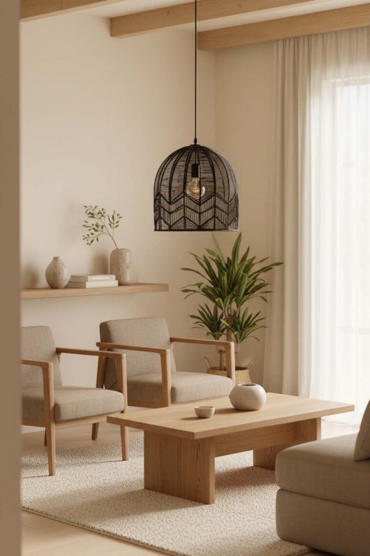 Japandi Black Rattan Birdcage Pendant Light - Clean & Balanced