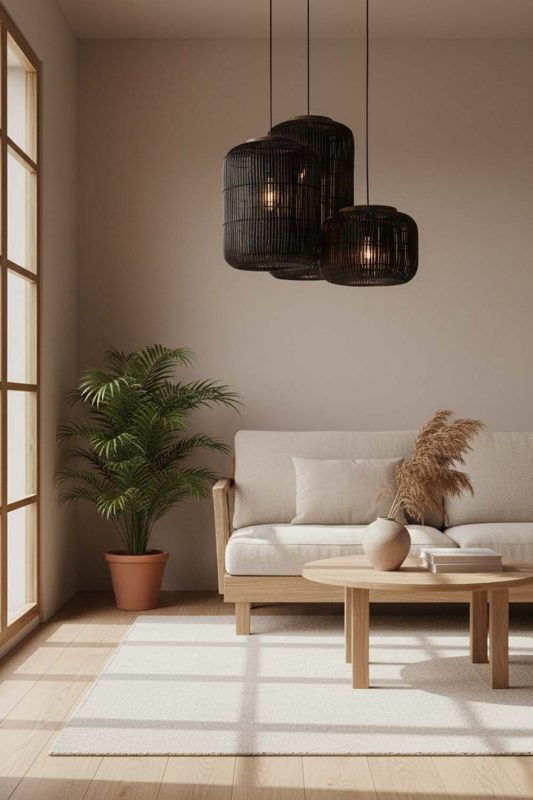 Japandi Black Rattan Capsule Pendant Light - Quiet Luxury