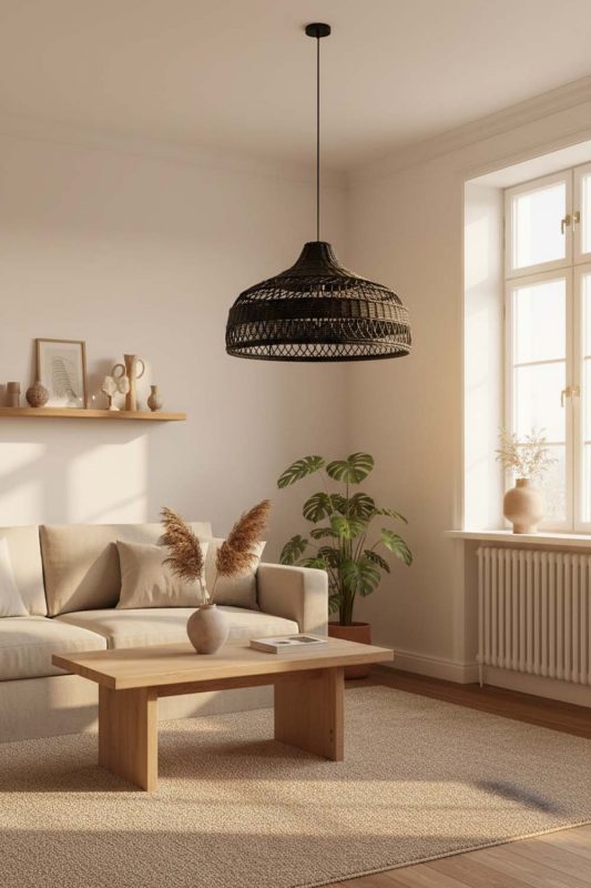 Japandi Black Rattan Radiant Pendant Lights - Minimal & Calm