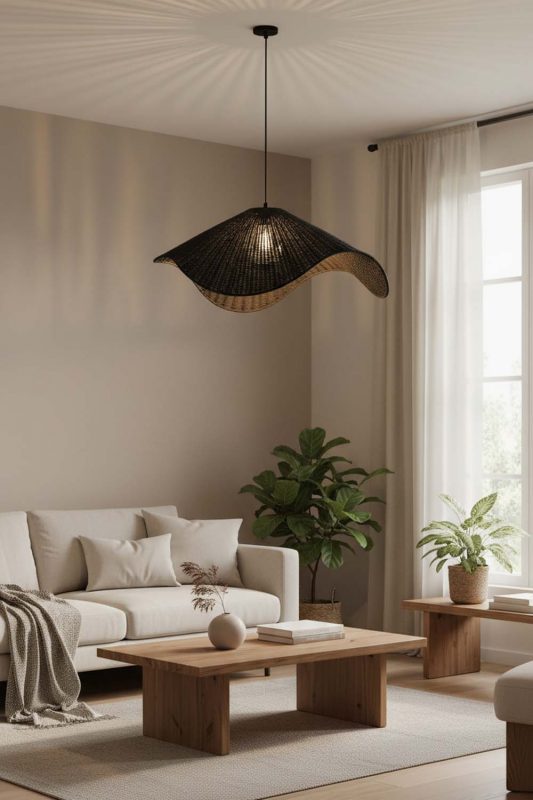 Japandi Black Rattan Wave Pendant Light - Zen & Peaceful