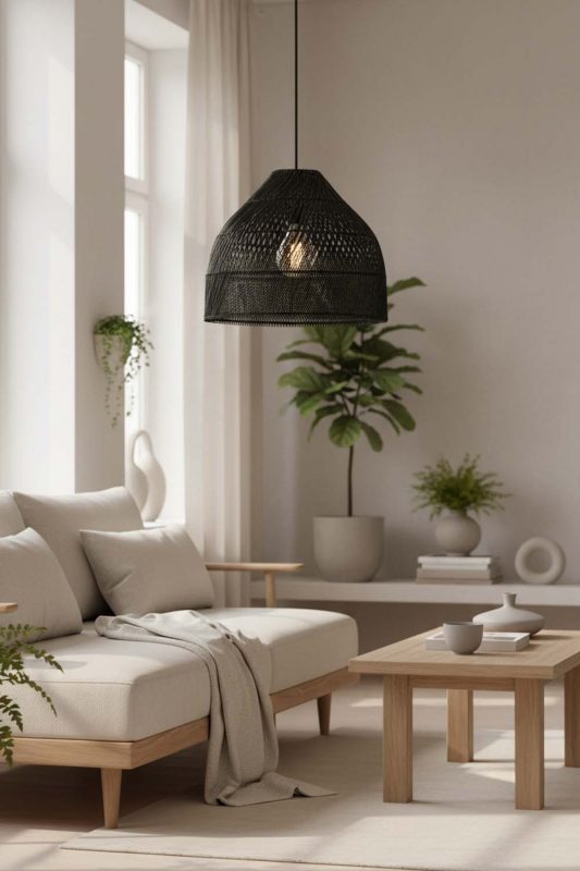 Japandi Black Rattan Wide Dome Fixture - Clean & Balanced