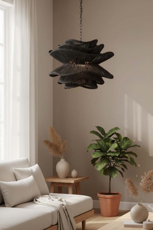Japandi Black Vietnamese Flower Rattan Chandelier - Zen & Peaceful