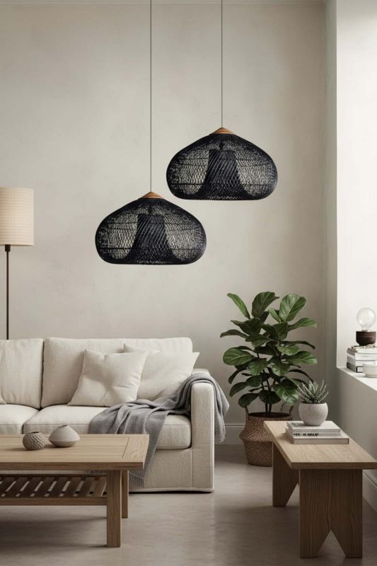Japandi Black Vintage Wood Rattan Pendant Light - Zen & Peaceful
