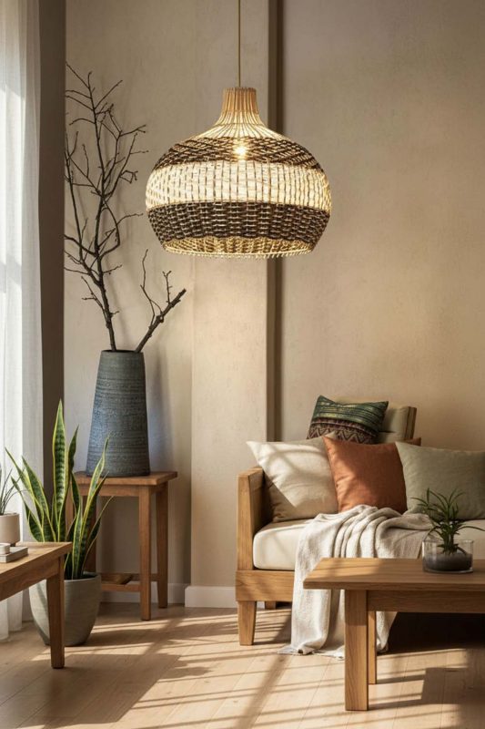 Japandi Black White Round Rattan Pendant - Minimal & Calm