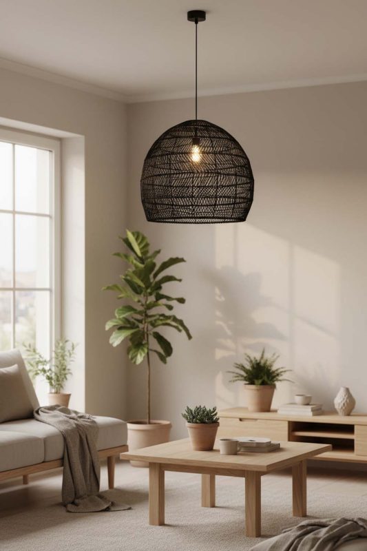 Japandi Black Wicker Basket Pendant Light - Clean & Balanced