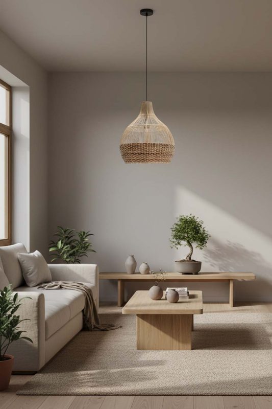 Japandi Bottom Tan Brown Rattan Pendant Light - Clean & Balanced