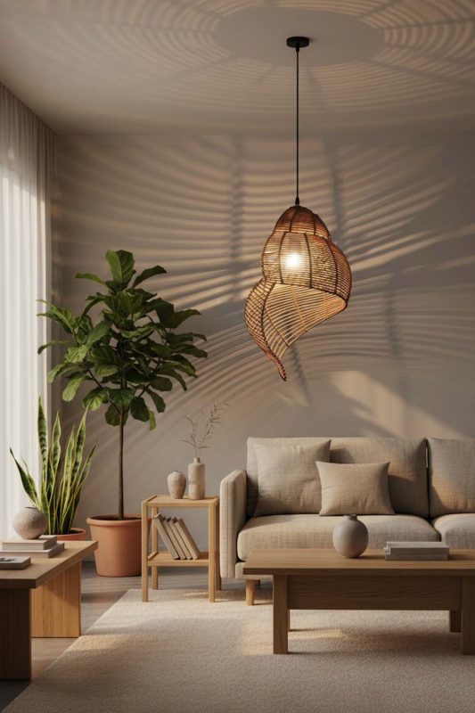 Japandi Brown Rattan Spiral Pendant Light - Quiet Luxury