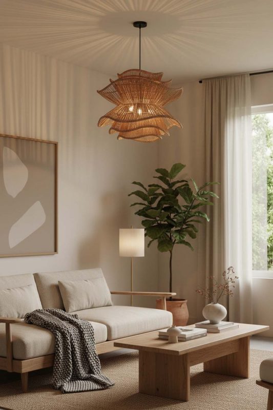 Japandi Brown Vietnamese Flower Rattan Chandelier - Simple & Elegant