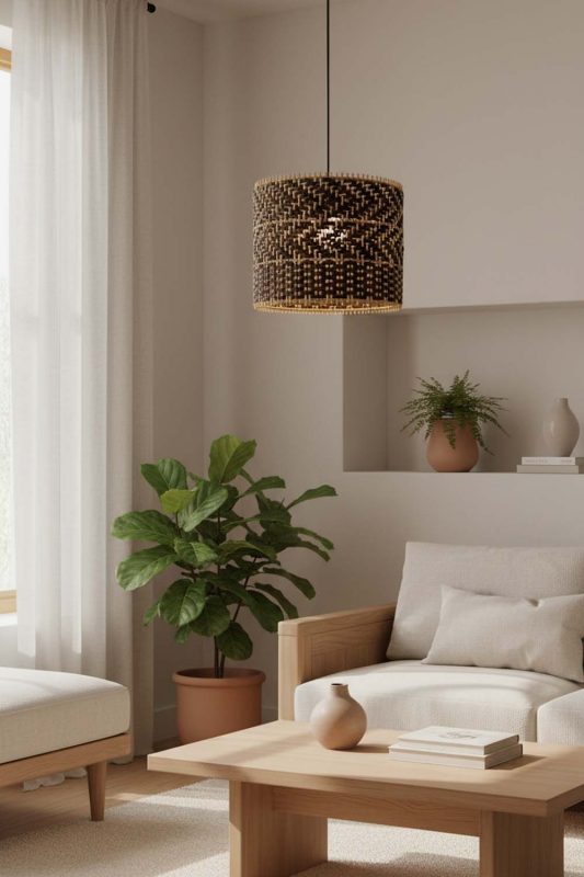 Japandi Dark Rattan Drum Pendant Light - Simple & Elegant