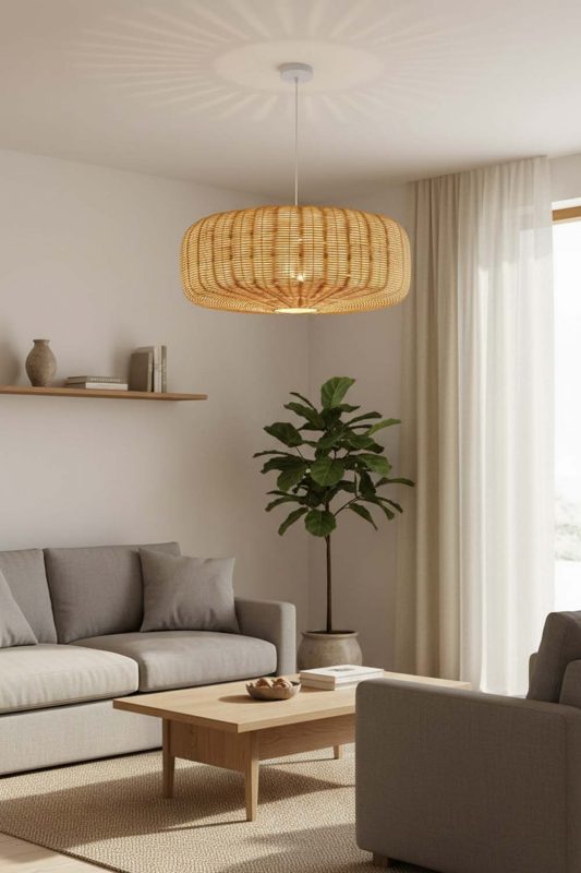 Japandi Flat Drum Rattan Chandelier - Simple & Elegant