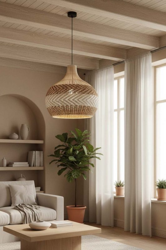 Japandi Light Brown White Rattan Pendant Light - Clean & Balanced