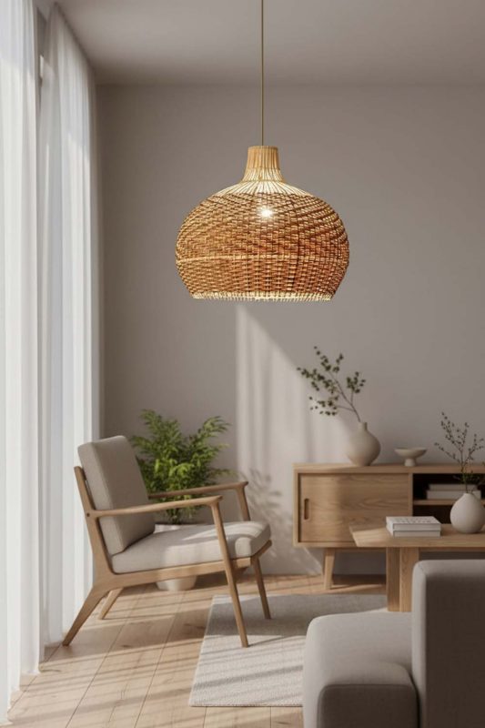 Japandi Red Orange Rattan Pendant Light - Zen & Peaceful