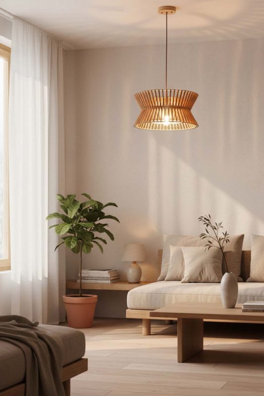 Japandi Round Wood Slat Pendant Light - Simple & Elegant