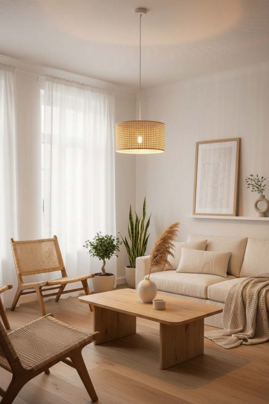 Japandi Small Rattan Drum Pendant Light - Minimal & Calm