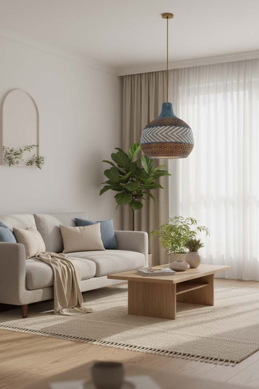 Japandi Tan Brown White Rattan Pendant Light - Minimal & Calm