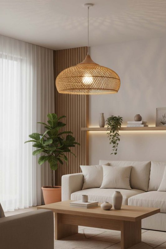 Japandi Vintage Wood Rattan Pendant Light C - Quiet Luxury