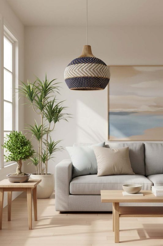 Japandi White Blue Rattan Pendant Light - Quiet Luxury