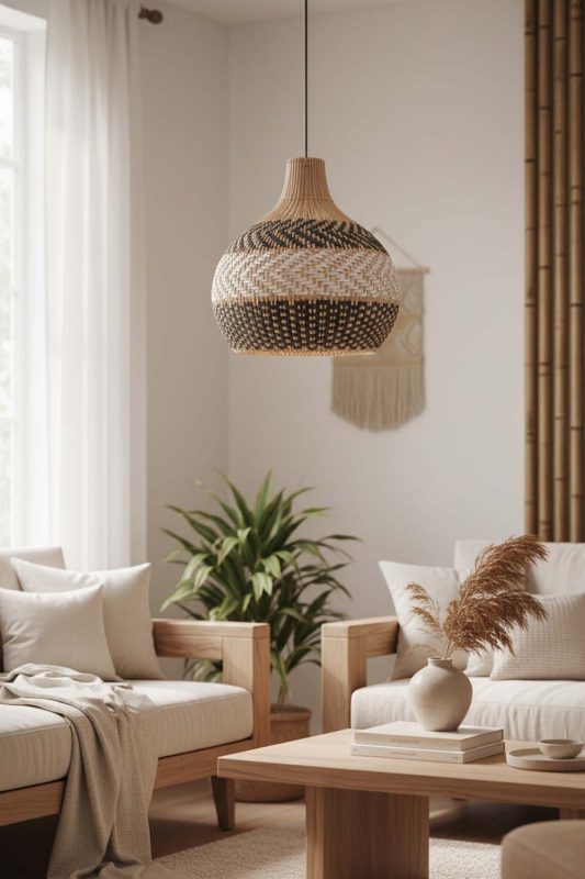 Japandi White Gray Rattan Pendant Light - Minimal & Calm