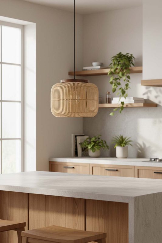 Kitchen Beige Rattan Capsule Pendant Light - Clean & Modern Look