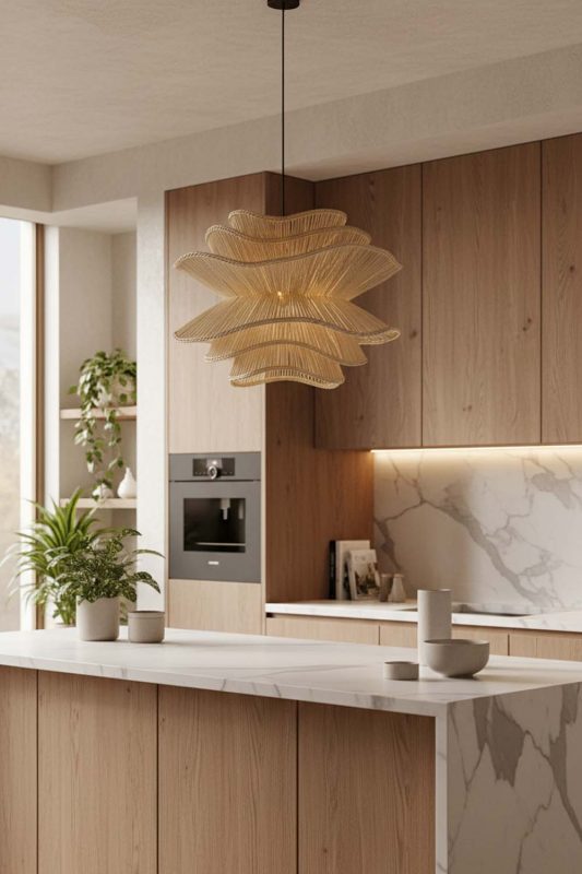 Kitchen Beige Vietnamese Flower Rattan Chandelier - Fresh & Inviting