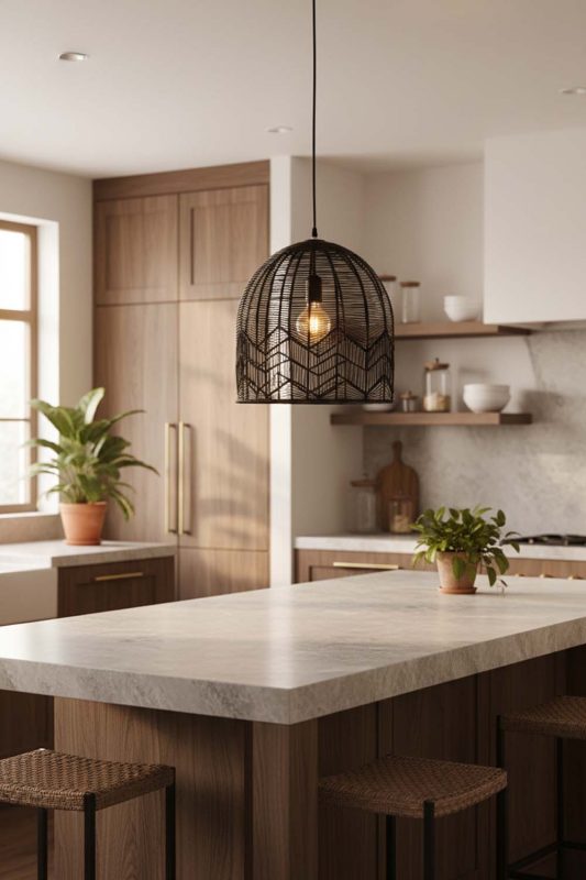 Kitchen Black Rattan Birdcage Pendant Light - Clean & Modern Look