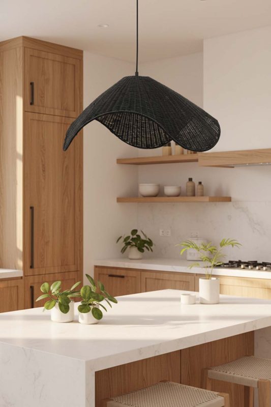 Kitchen Black Rattan Wave Pendant Light - Sleek & Stylish